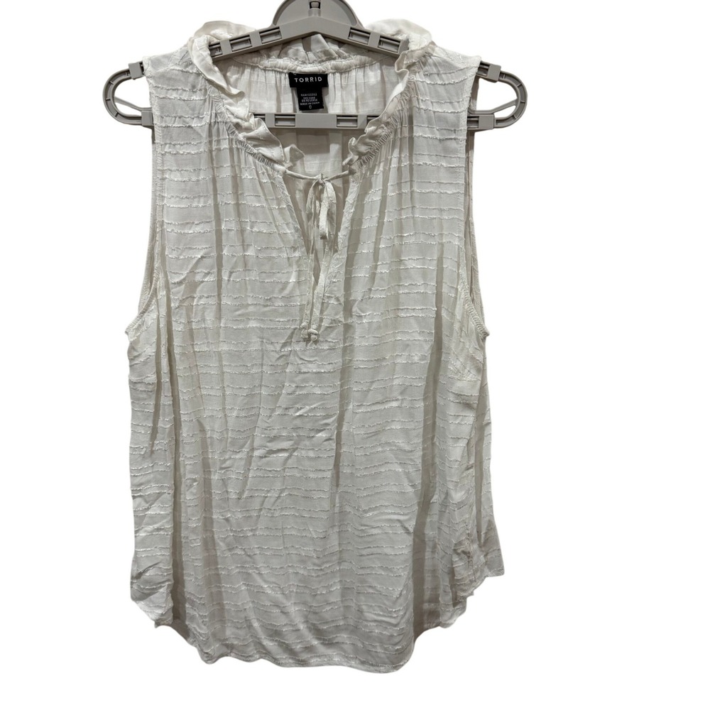 Torrid White Textured Stripe Sleeveless Ruffle Tie Neck Rayon Blouse Plus Size 0
